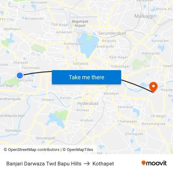 Banjari Darwaza Twd Bapu Hills to Kothapet map