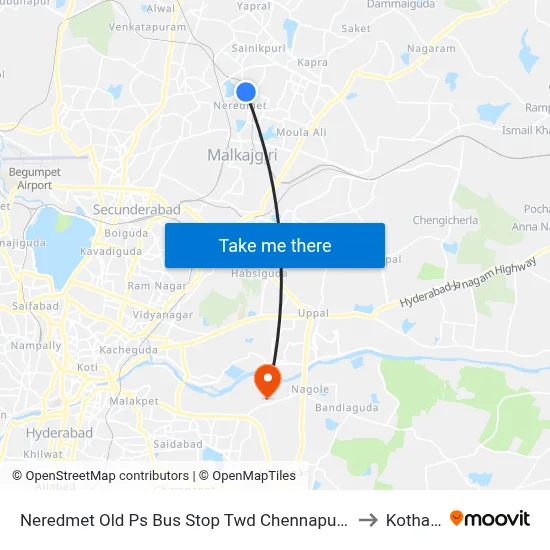 Neredmet Old Ps Bus Stop Twd Chennapur Ntr Statue to Kothapet map
