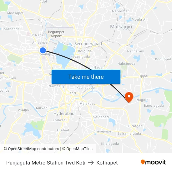 Punjaguta Metro Station Twd Koti to Kothapet map