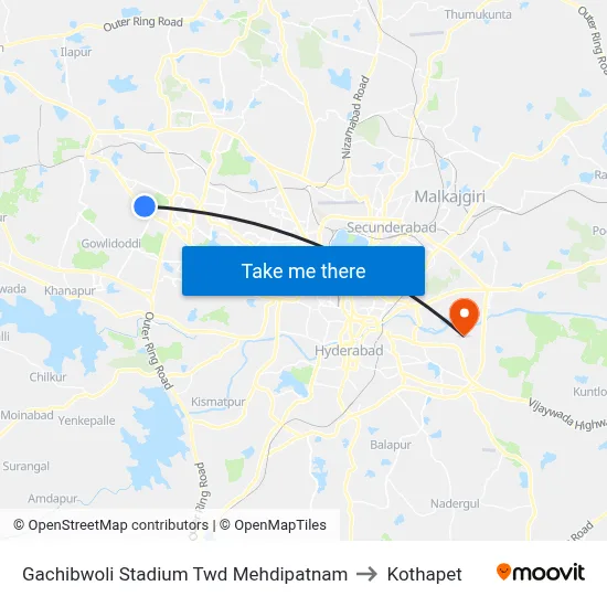 Gachibwoli Stadium Twd Mehdipatnam to Kothapet map