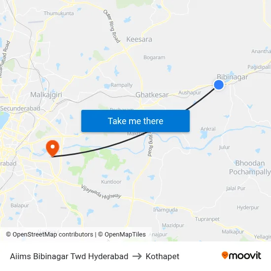 Aiims Bibinagar Twd Hyderabad to Kothapet map