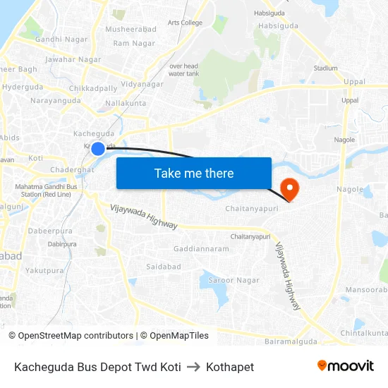Kacheguda Bus Depot Twd Koti to Kothapet map