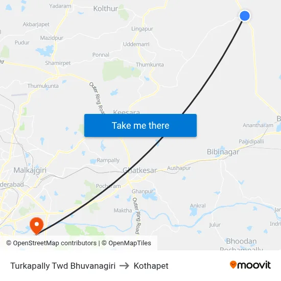 Turkapally Twd Bhuvanagiri to Kothapet map
