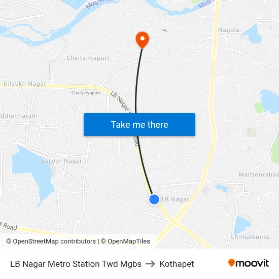 LB Nagar Metro Station Twd Mgbs to Kothapet map