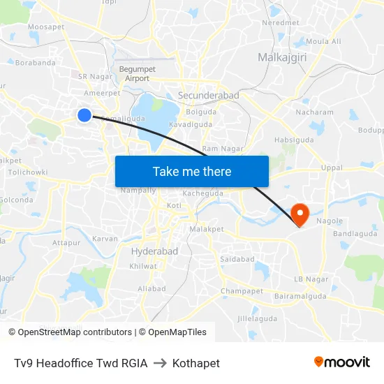 Tv9 Headoffice Twd RGIA to Kothapet map