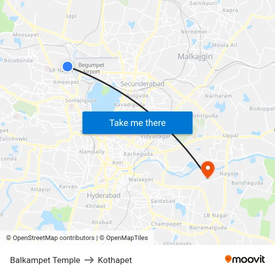 Balkampet Temple to Kothapet map