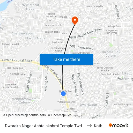 Dwaraka Nagar Ashtalakshmi Temple Twd Dilshuknagar to Kothapet map