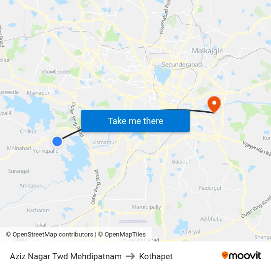 Aziz Nagar Twd Mehdipatnam to Kothapet map