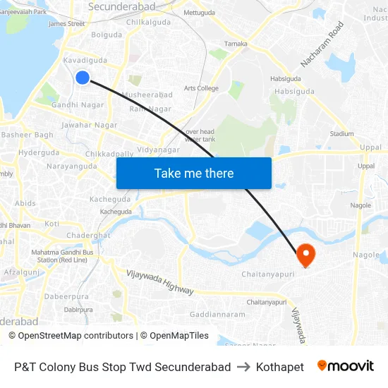 P&T Colony Bus Stop Twd Secunderabad to Kothapet map