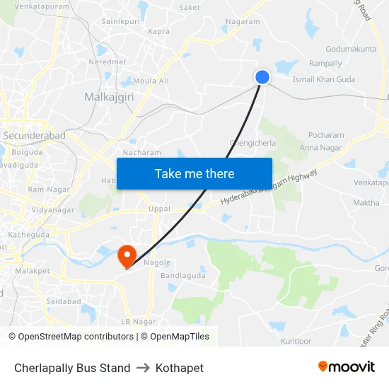 Cherlapally Bus Stand to Kothapet map