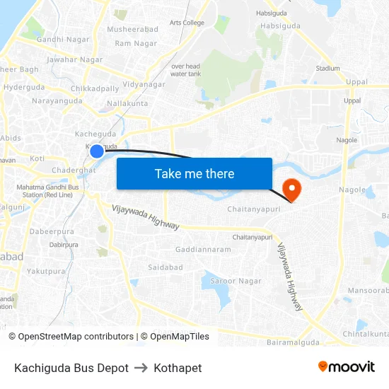 Kachiguda Bus Depot to Kothapet map