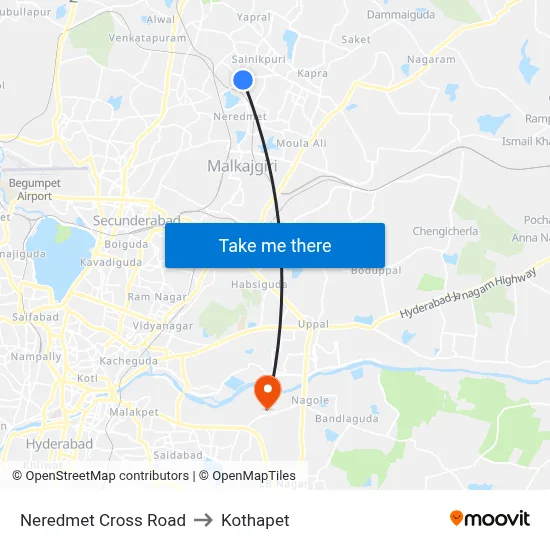 Neredmet Cross Road to Kothapet map