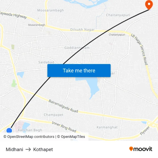 Midhani to Kothapet map
