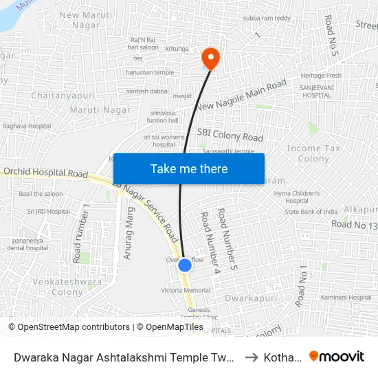 Dwaraka Nagar Ashtalakshmi Temple Twd Lbnagar to Kothapet map