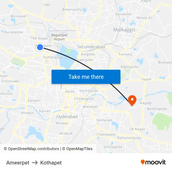 Ameerpet to Kothapet map