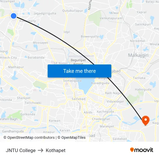 JNTU College to Kothapet map