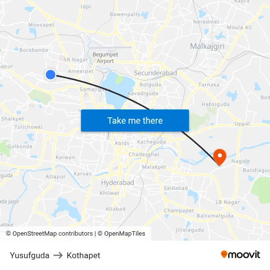 Yusufguda to Kothapet map