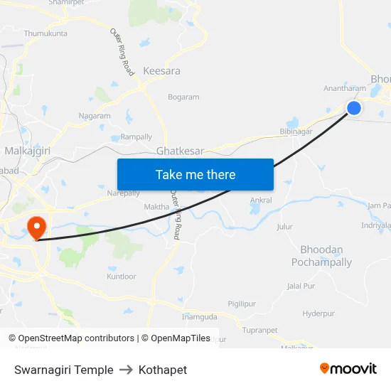 Swarnagiri Temple to Kothapet map