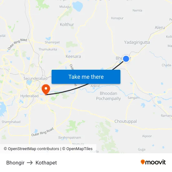 Bhongir to Kothapet map