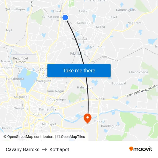 Cavalry Barrcks to Kothapet map