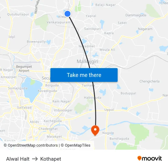 Alwal Halt to Kothapet map