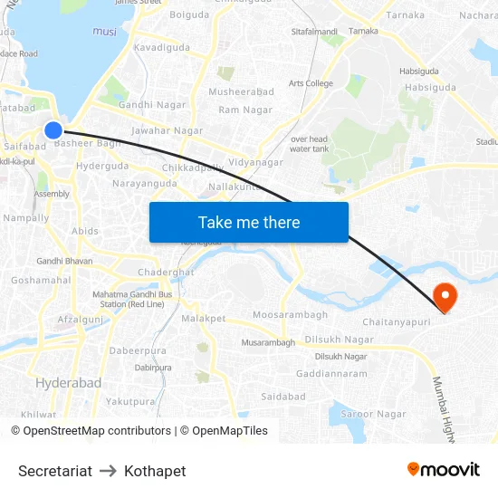 Secretariat to Kothapet map