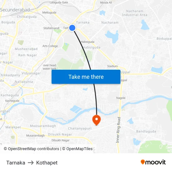 Tarnaka to Kothapet map