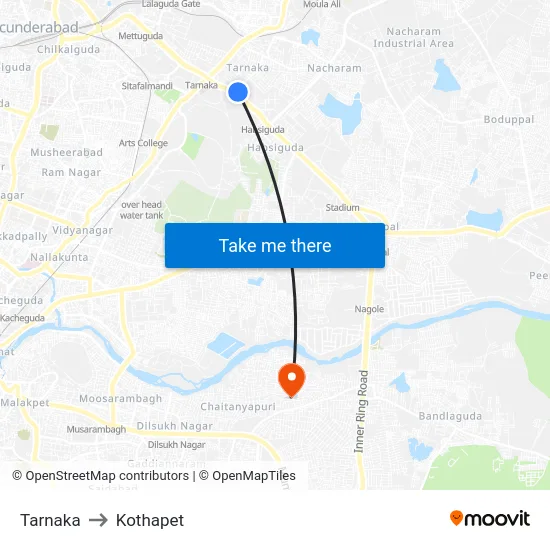 Tarnaka to Kothapet map