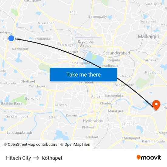 Hitech City to Kothapet map