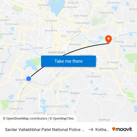 Sardar Vallabhbhai Patel National Police Academy to Kothapet map