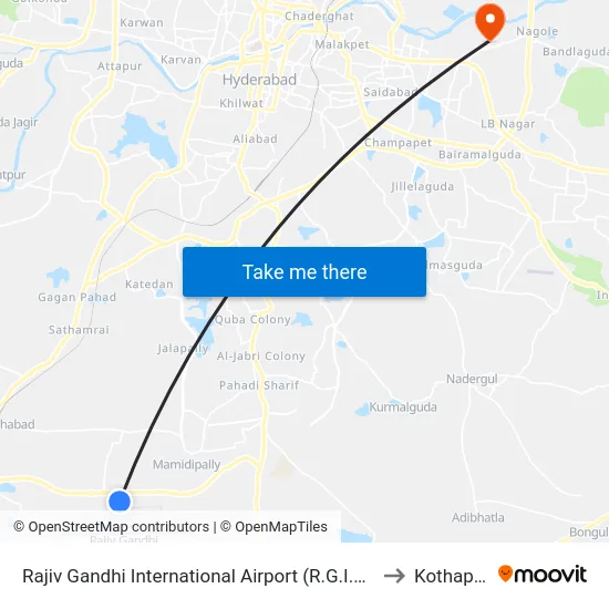 Rajiv Gandhi International Airport (R.G.I.A.) to Kothapet map