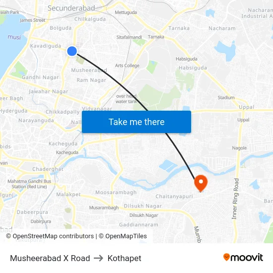Musheerabad X Road to Kothapet map