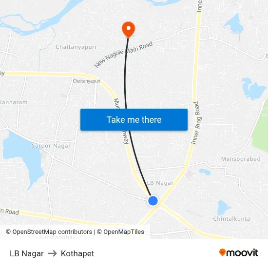 LB Nagar to Kothapet map