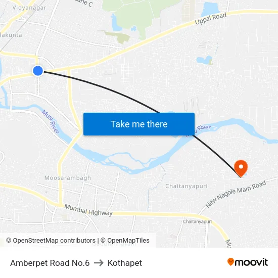 Amberpet Road No.6 to Kothapet map