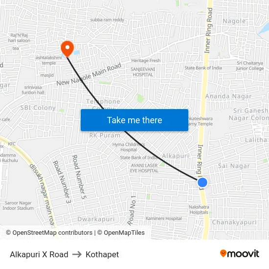 Alkapuri X Road to Kothapet map