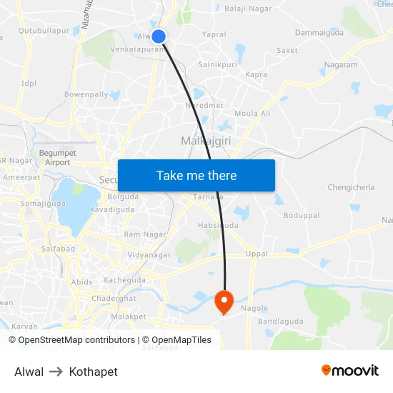 Alwal to Kothapet map