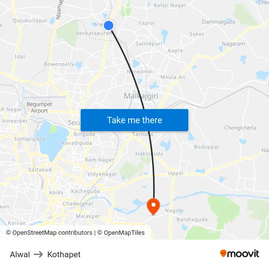 Alwal to Kothapet map