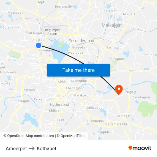 Ameerpet to Kothapet map