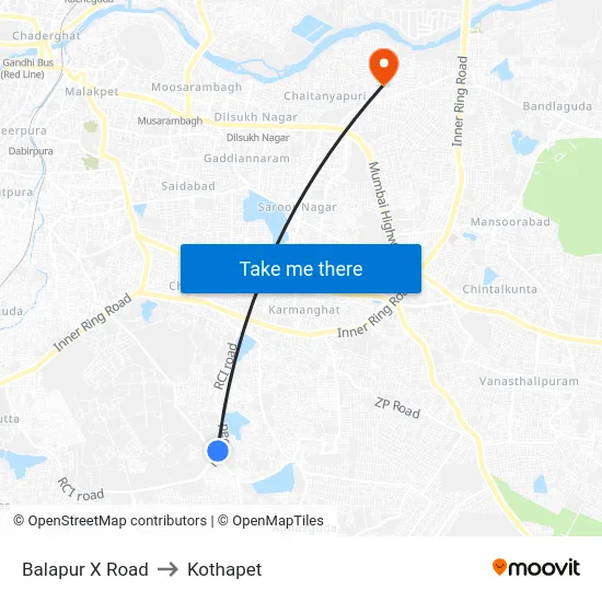 Balapur X Road to Kothapet map