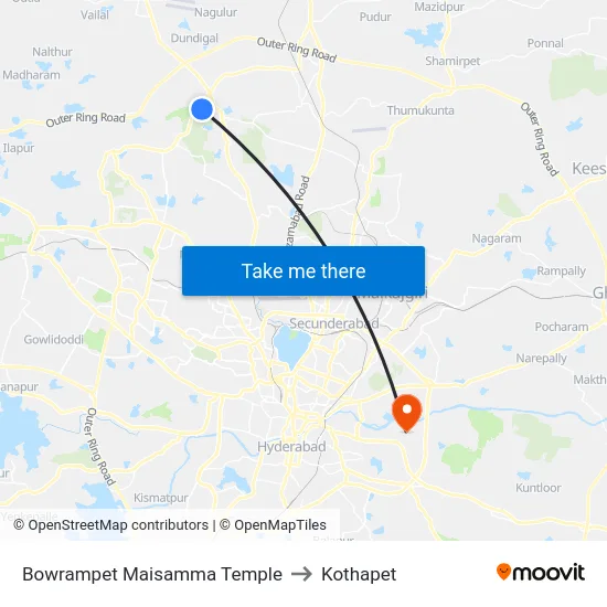 Bowrampet Maisamma Temple to Kothapet map