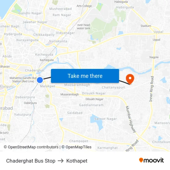 Chaderghat Bus Stop to Kothapet map