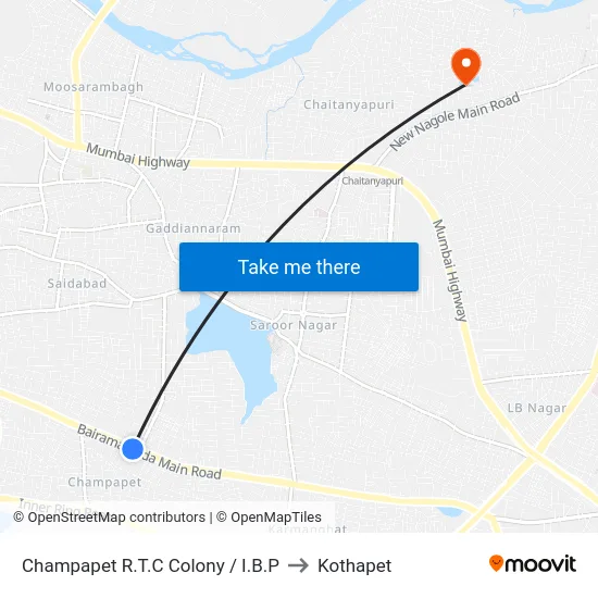 Champapet R.T.C Colony / I.B.P to Kothapet map