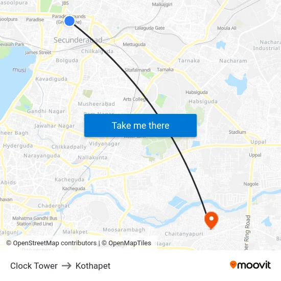 Clock Tower to Kothapet map