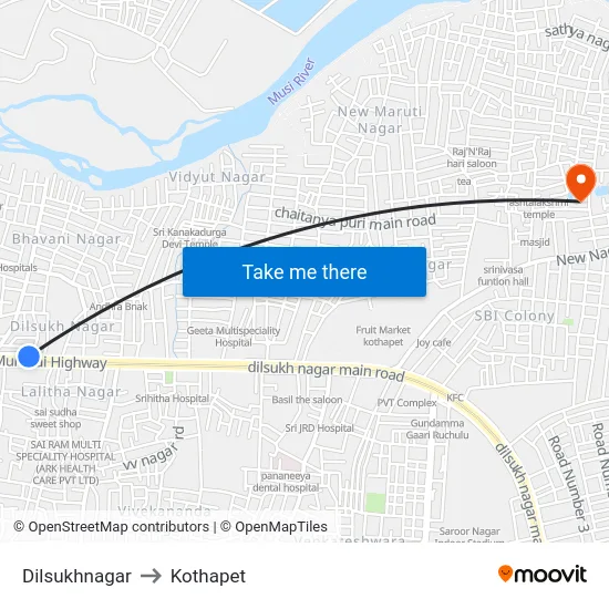 Dilsukhnagar to Kothapet map