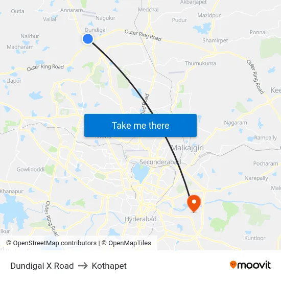 Dundigal X Road to Kothapet map