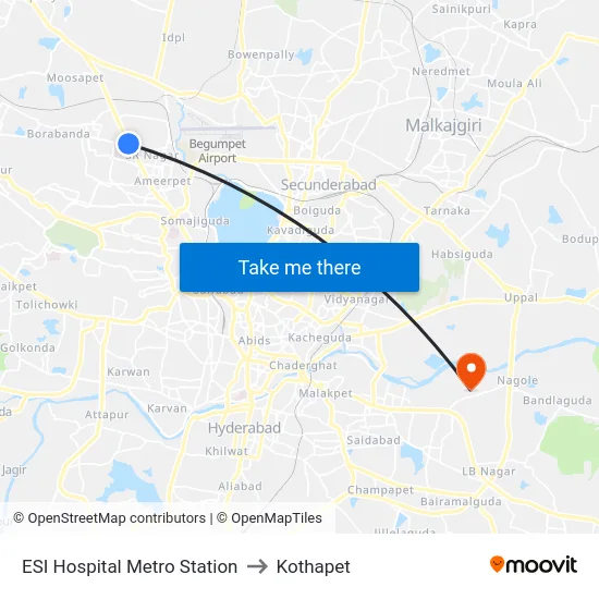 ESI Hospital Metro Station to Kothapet map