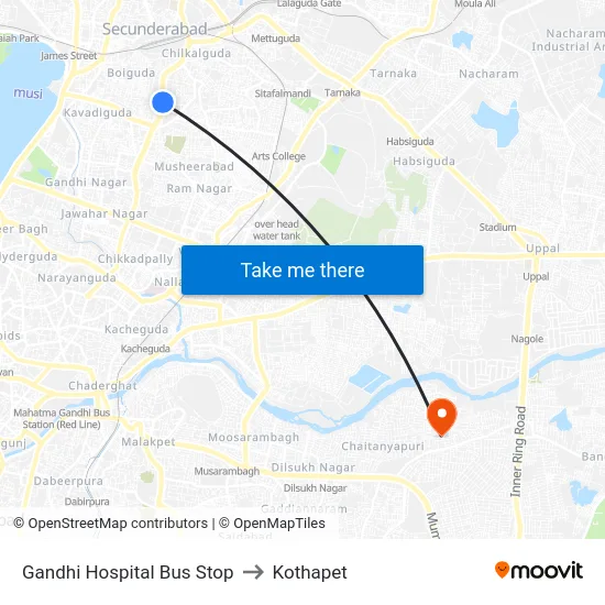 Gandhi Hospital Bus Stop to Kothapet map