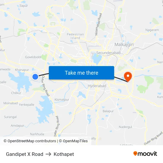 Gandipet X Road to Kothapet map