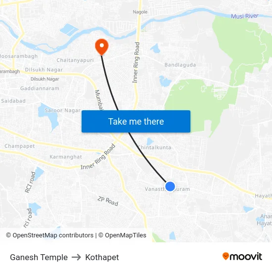 Ganesh Temple to Kothapet map
