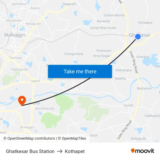 Ghatkesar Bus Station to Kothapet map